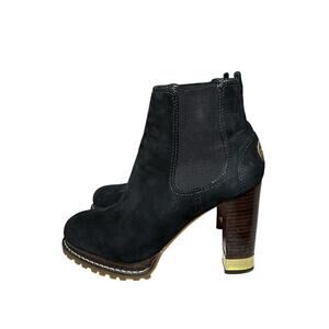 Tory Burch Virginia Black Suede Logo Heeled Ankle Boots Size 7
